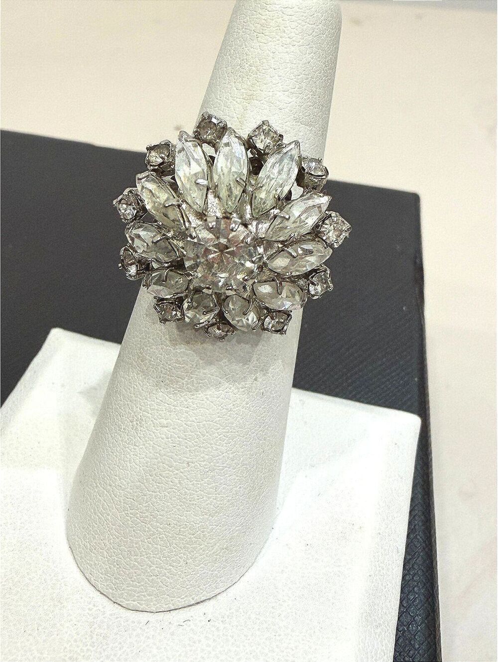 Vintage Style Silver Tone Rhinestone Cocktail Ring Adjustable